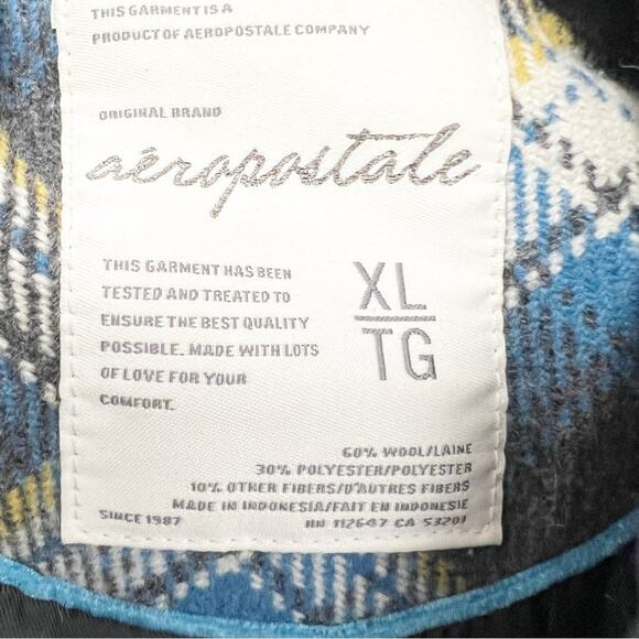 SZ XL Aeropostale Plaid Short Wool Blend Trench Blue Gray Yellow - Picture 7 of 7